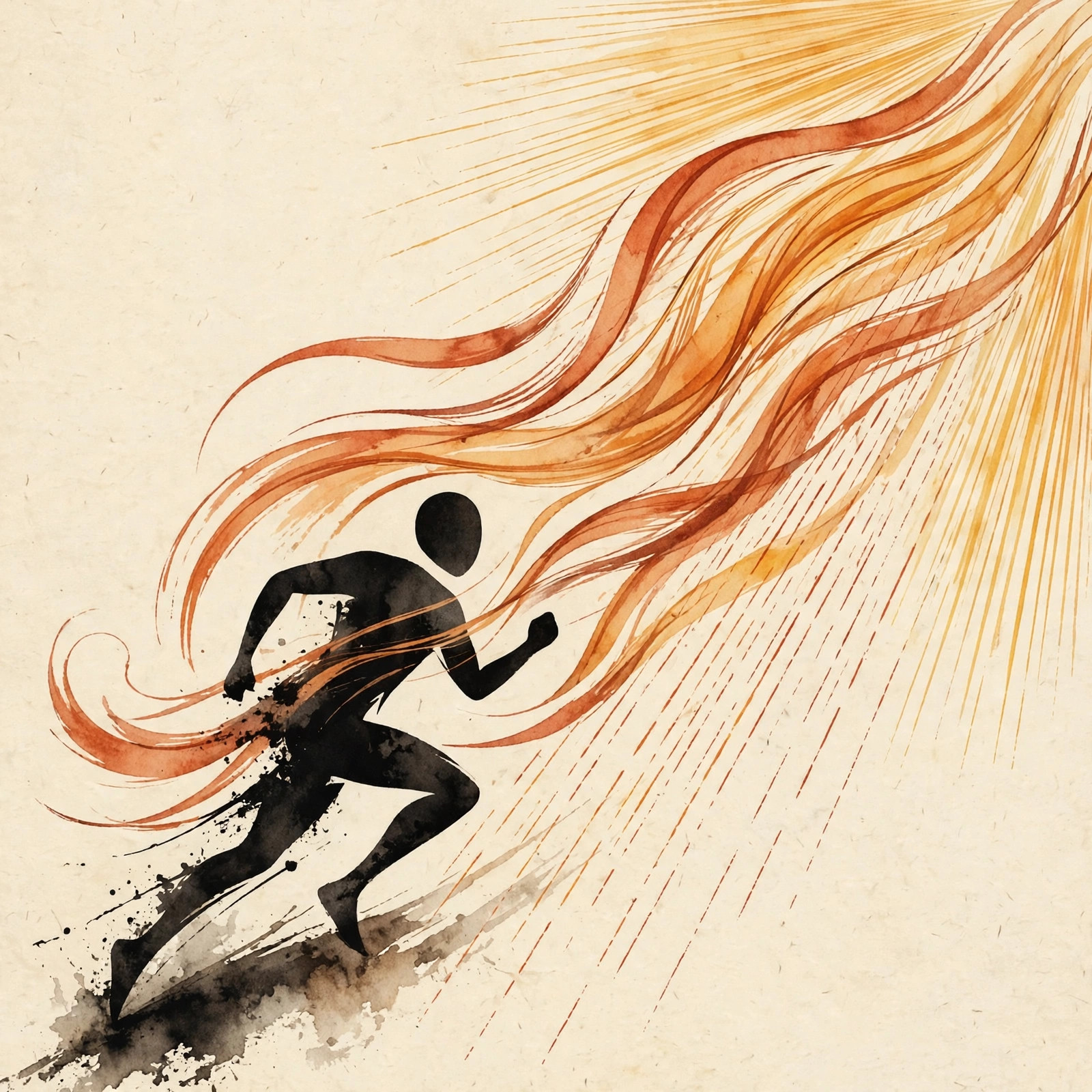 RunWear artwork — a runner dissolving into wind, sun and rain ribbons